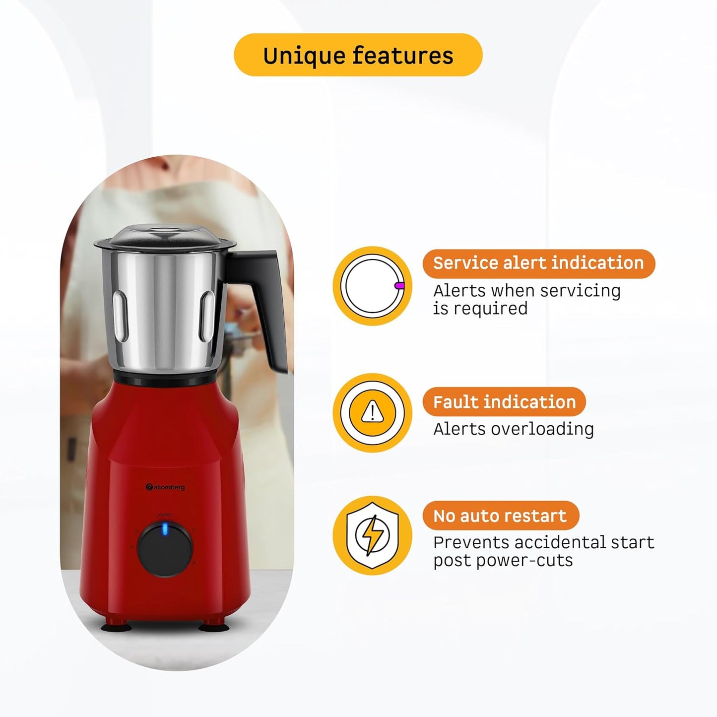 Atomberg Xiana 750 Watt Mixer Grinder | 3 Multipurpose Stainless Steel Jars | Coarse Mode for Silbatta-like Textures | Powerful Intelligent Motor | Easy Fault LED Indication | Fiery Red