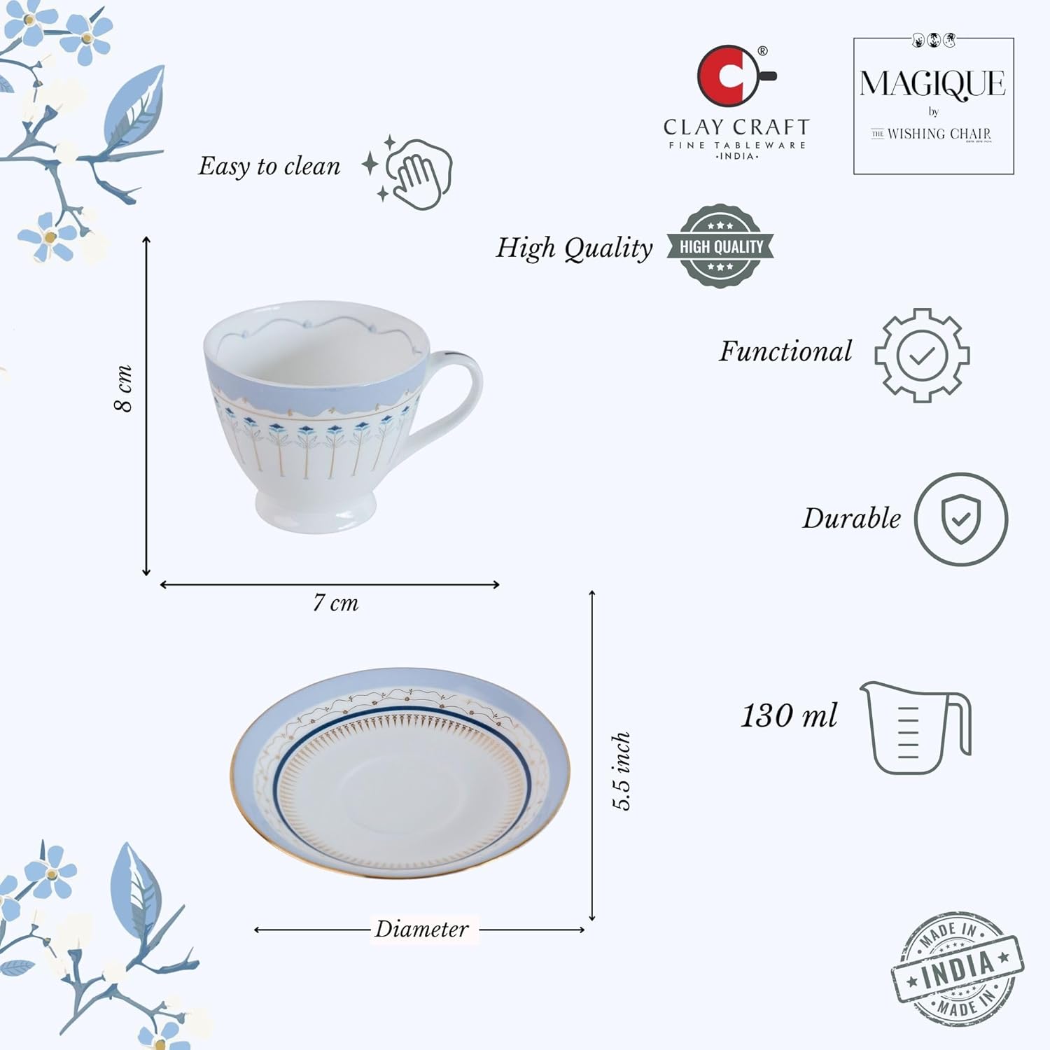 Magique by The Wishing Chair x ClayCraft : River of Flowers Tea Cups & Saucers Set of 6 | 180 ml Fine Ceramic Floral Cups | Elegant Glossy Finish | Ideal for Gifting & Home Use