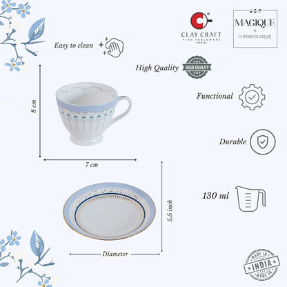 Magique by The Wishing Chair x ClayCraft : River of Flowers Tea Cups & Saucers Set of 6 | 180 ml Fine Ceramic Floral Cups | Elegant Glossy Finish | Ideal for Gifting & Home Use