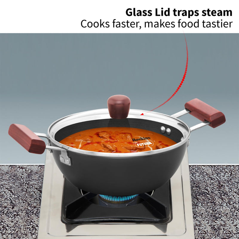 Hawkins Futura 2 Litre Deep Kadhai, Induction Deep Fry Pan, Hard Anodised Kadai with Glass Lid, Black (IAK20G)