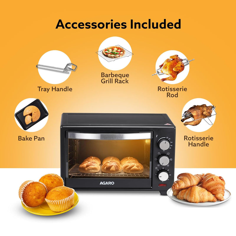 AGARO Marvel Oven Toaster Griller, 25 Litres, Motorised Rotisserie, Adjustable Temperature, 5 Heating Modes & Timer, CakeBaking, Roasting,Grilling,OTG (Black)