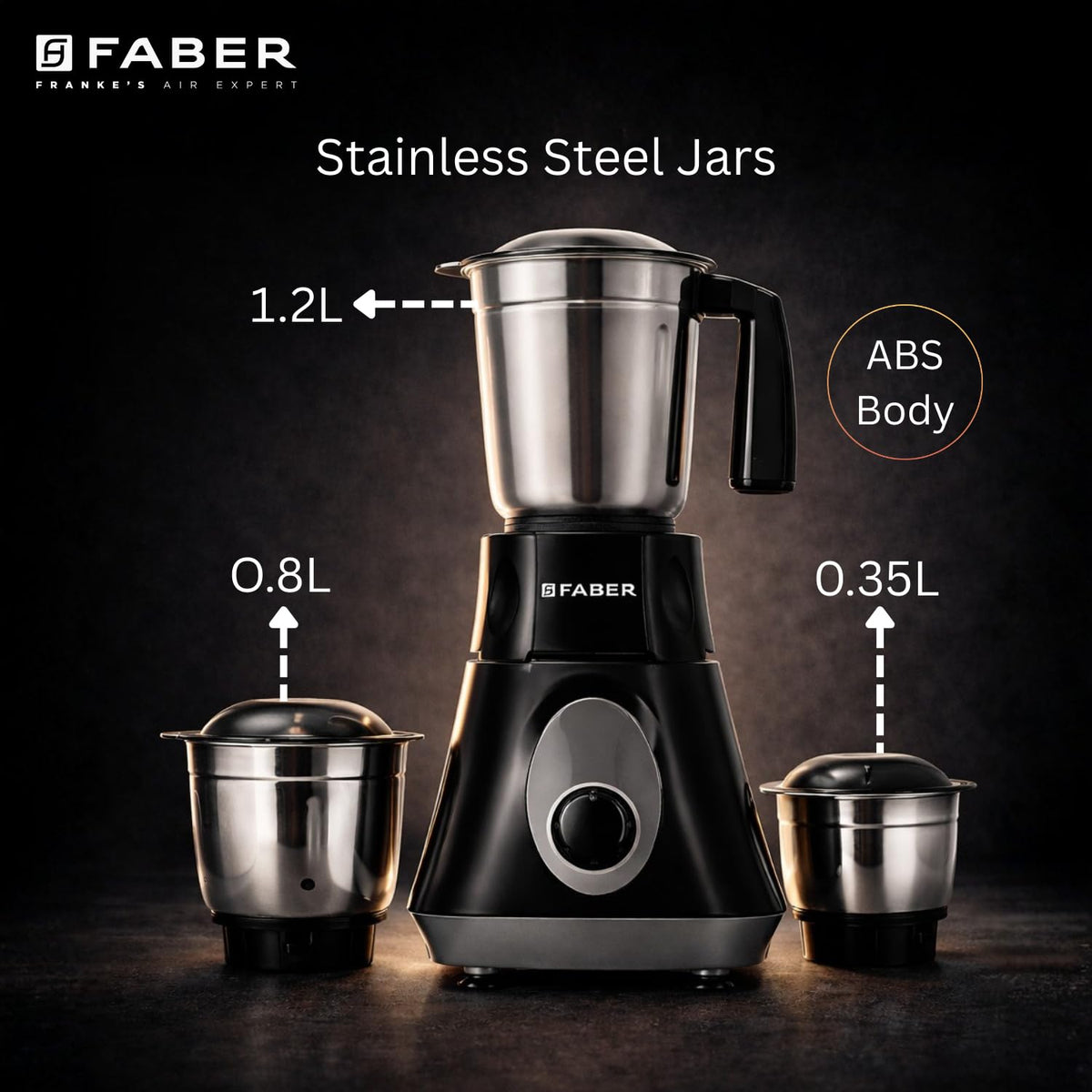 Faber Apollo Black Mixer Grinder|500w Copper Motor|3 Stainless Steel Jars & Blades|Easy to Clean| 2yrs Warranty on Produ
