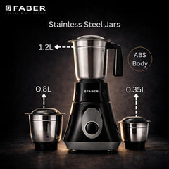Faber Apollo Black Mixer Grinder|500w Copper Motor|3 Stainless Steel Jars & Blades|Easy to Clean| 2yrs Warranty on Produ