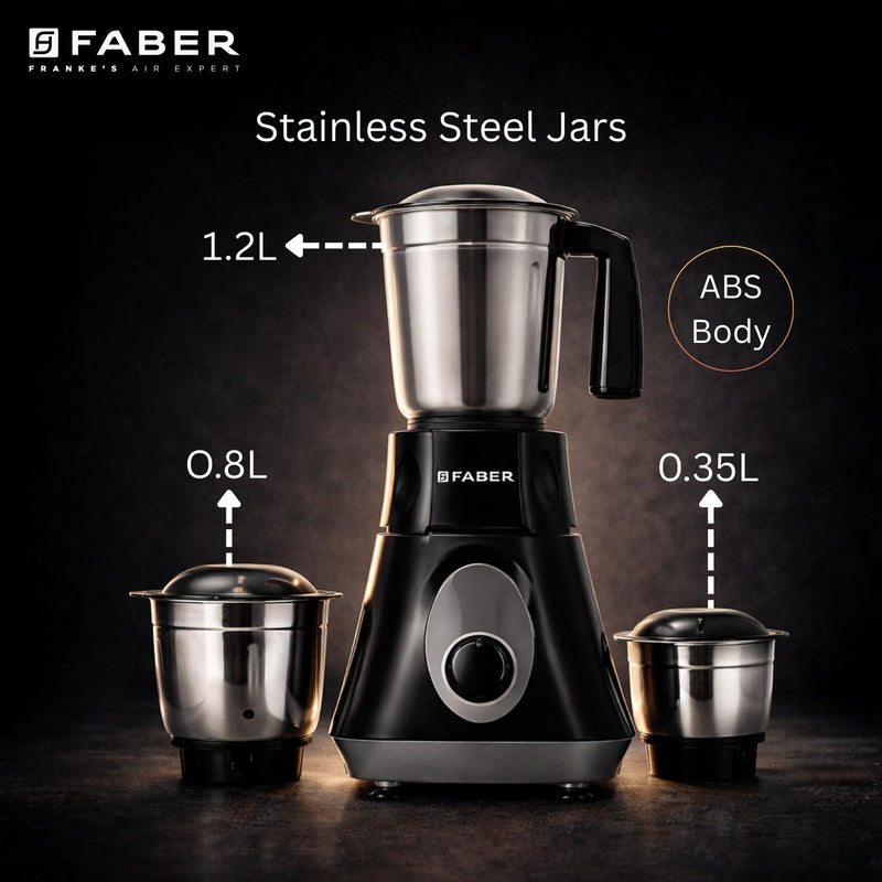 Faber Apollo Black Mixer Grinder|500w Copper Motor|3 Stainless Steel Jars & Blades|Easy to Clean| 2yrs Warranty on Produ