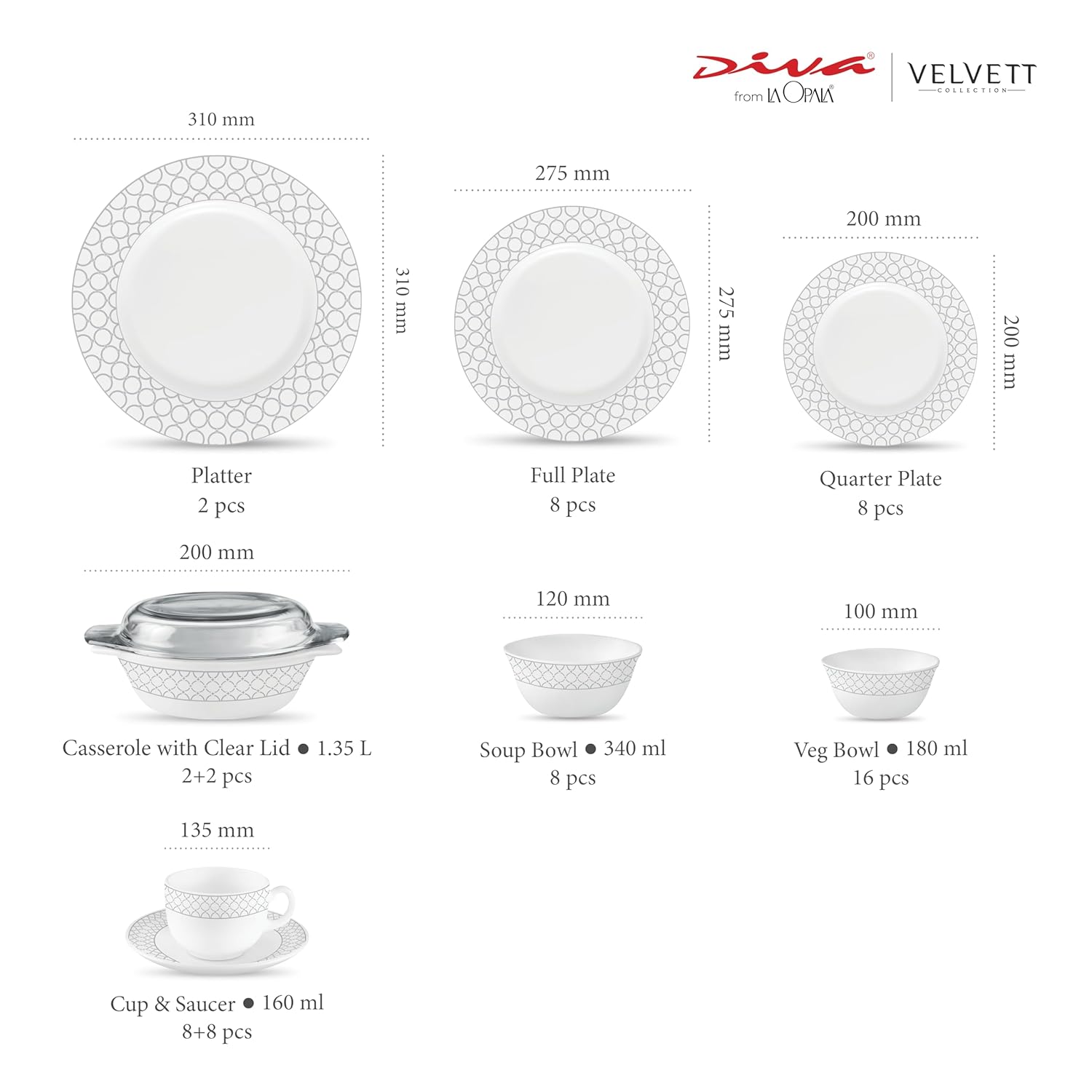 La Opala Diva Velvett Collection Opal Glass Crockery | for Family of 8 | Dinner Set 62 pcs Pearl Grey | Plates & Bowls for Dining | Microwave Safe | 100% Vegetarian | Extra Strong | Light & White