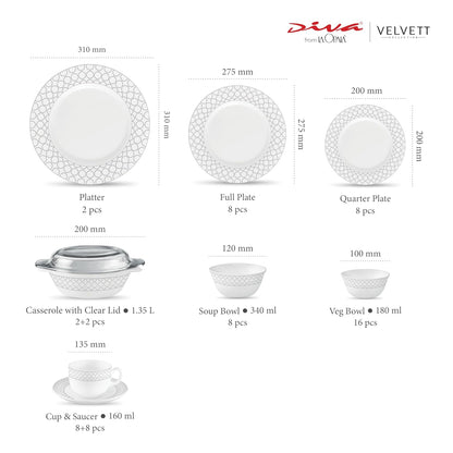 La Opala Diva Velvett Collection Opal Glass Crockery | for Family of 8 | Dinner Set 62 pcs Pearl Grey | Plates & Bowls for Dining | Microwave Safe | 100% Vegetarian | Extra Strong | Light & White