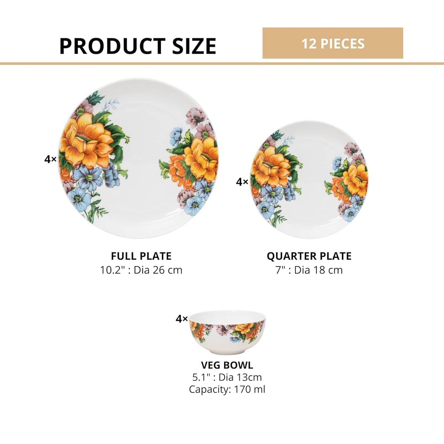 Clay Craft Fine Ceramic Eco Dinner Set, Enchanting Gold, for Family of 4, Dinner Set Ceramic, Crockery Set, Dining Set for Dinner, Crockery Set for Gift, Kitchen Set (ECO4, 12 Pieces)