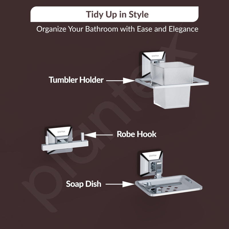 Plantex 304 Grade Stainless Steel Bathroom Accessories Set of 5 - Towel Rod/Hand Napkin Hanger for Wash Basin/Soap Case/Toothbrush Holder/Robe Hook - Squaro (Chrome)-4