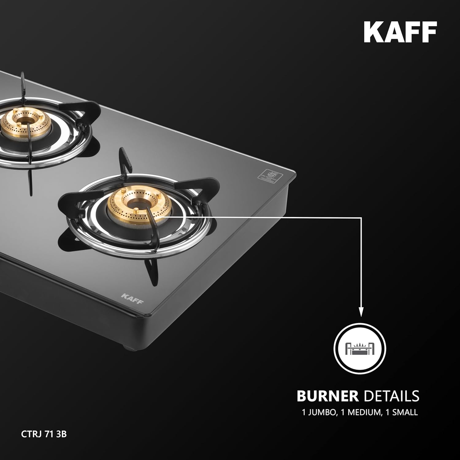 KAFF Cooktop | 3 Burners with Slim Line Design 71 CM | High Efficiency Brass Burners, Black Tempered Glass | Matt Enamelled Pan Support | Black | CTRJ71-3B