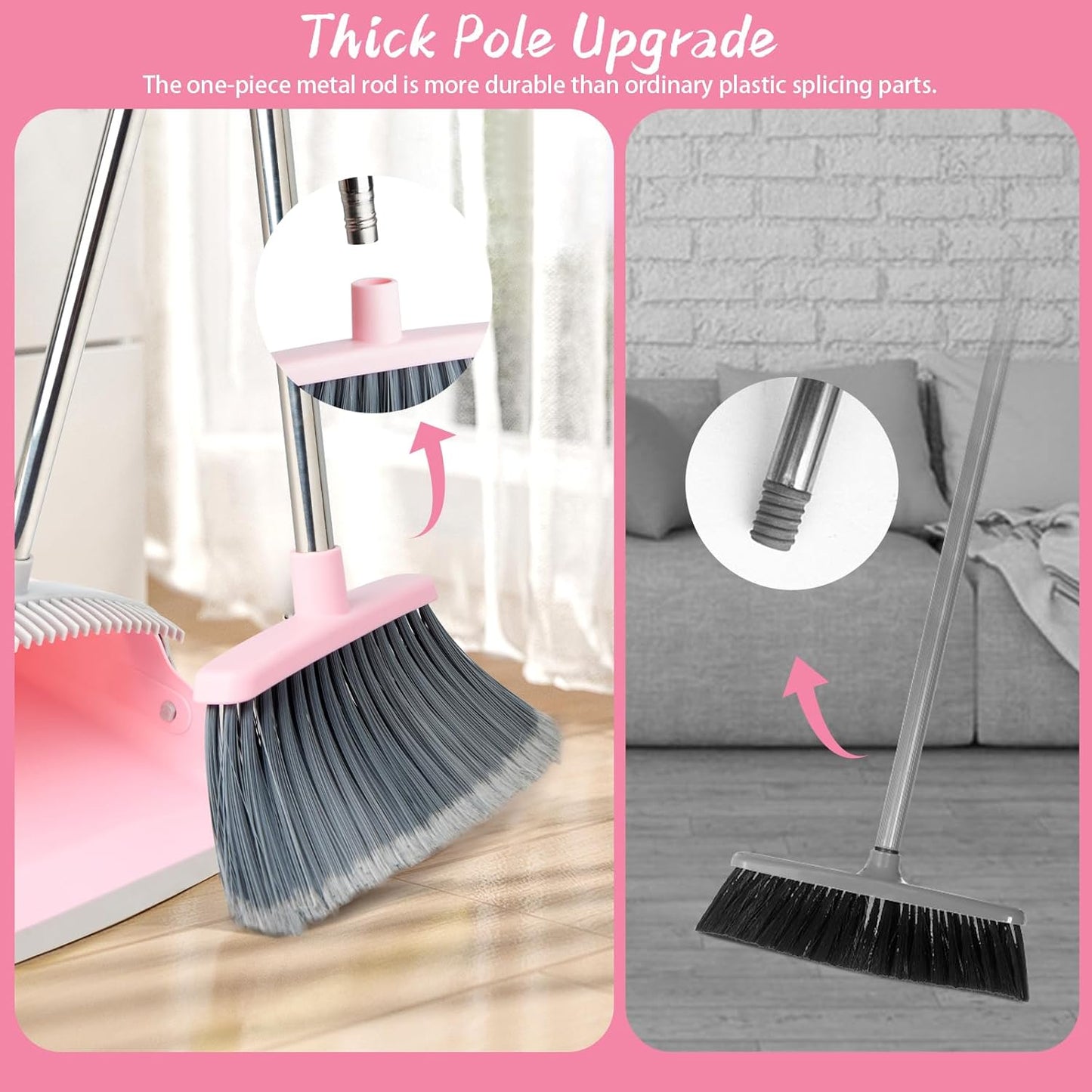 Broom and Dustpan Set, Efficient Floor Cleaning with Broom, Long Handle and Standing Dustpan with Comb Teeth, Adjustable Handle for Home Kitchen Office Lobby(Gray Pink)