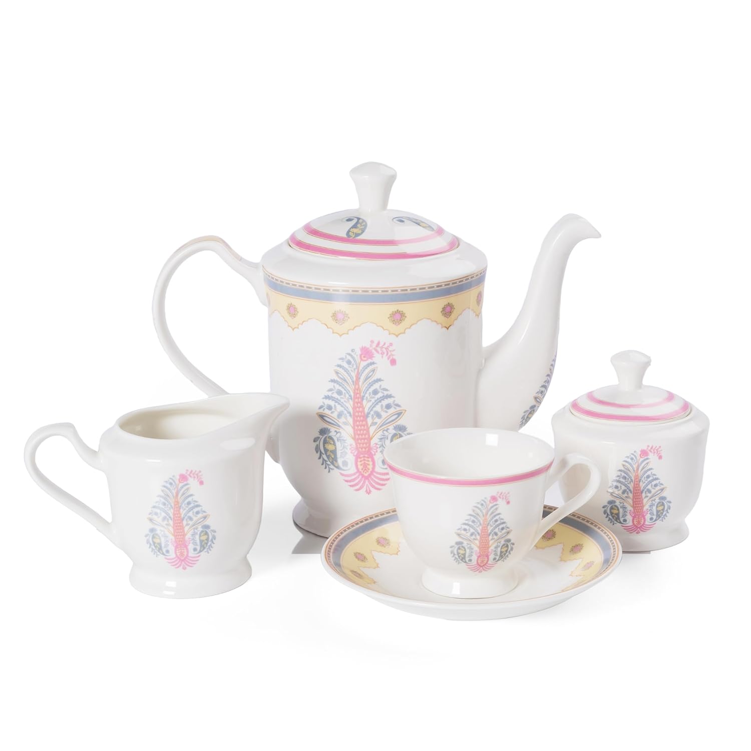 Clay Craft Fine Ceramic Tea Set of 15-1 Tea Pot with Lid +6 Cups+6 Saucers +1 Milk Pot + 1 Sugar Pot (Georgian Super S370)