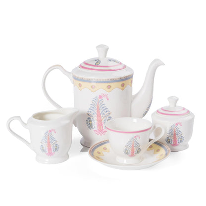 Clay Craft Fine Ceramic Tea Set of 15-1 Tea Pot with Lid +6 Cups+6 Saucers +1 Milk Pot + 1 Sugar Pot (Georgian Super S370)