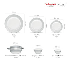 La Opala Diva Velvett Collection Opal Glass Crockery | for Family of 6 | Dinner Set 35 pcs Stella Grey | Plates & Bowls for Dining | Microwave Safe | 100% Vegetarian | Extra Strong | Light & White