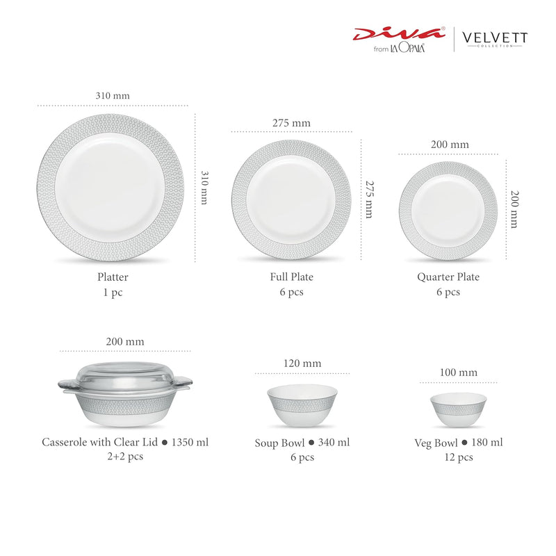 La Opala Diva Velvett Collection Opal Glass Crockery | for Family of 6 | Dinner Set 35 pcs Stella Grey | Plates & Bowls for Dining | Microwave Safe | 100% Vegetarian | Extra Strong | Light & White