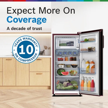 BOSCH 187 L, 3 Star, Single Door Refrigerator with Industry's largest vegetable box* & largest Beverage space (CST18W33NI, Feather Wine) | 18 Hour Cooling Retention, 2.5x Faster Cooling