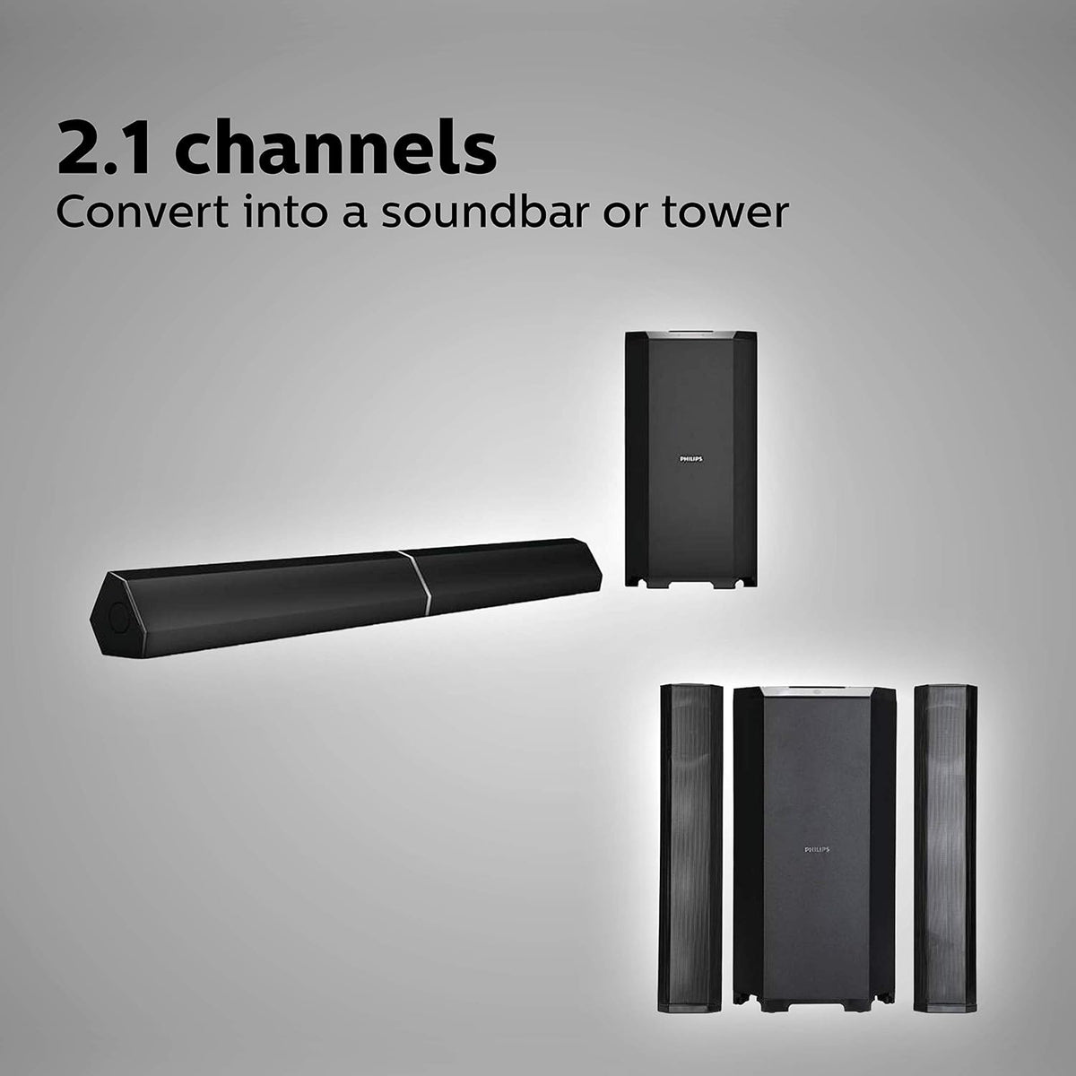 Philips Convertible Soundbar MMS8085B, 2.1 Channel with Multipoint-Connectivity Option, USB in