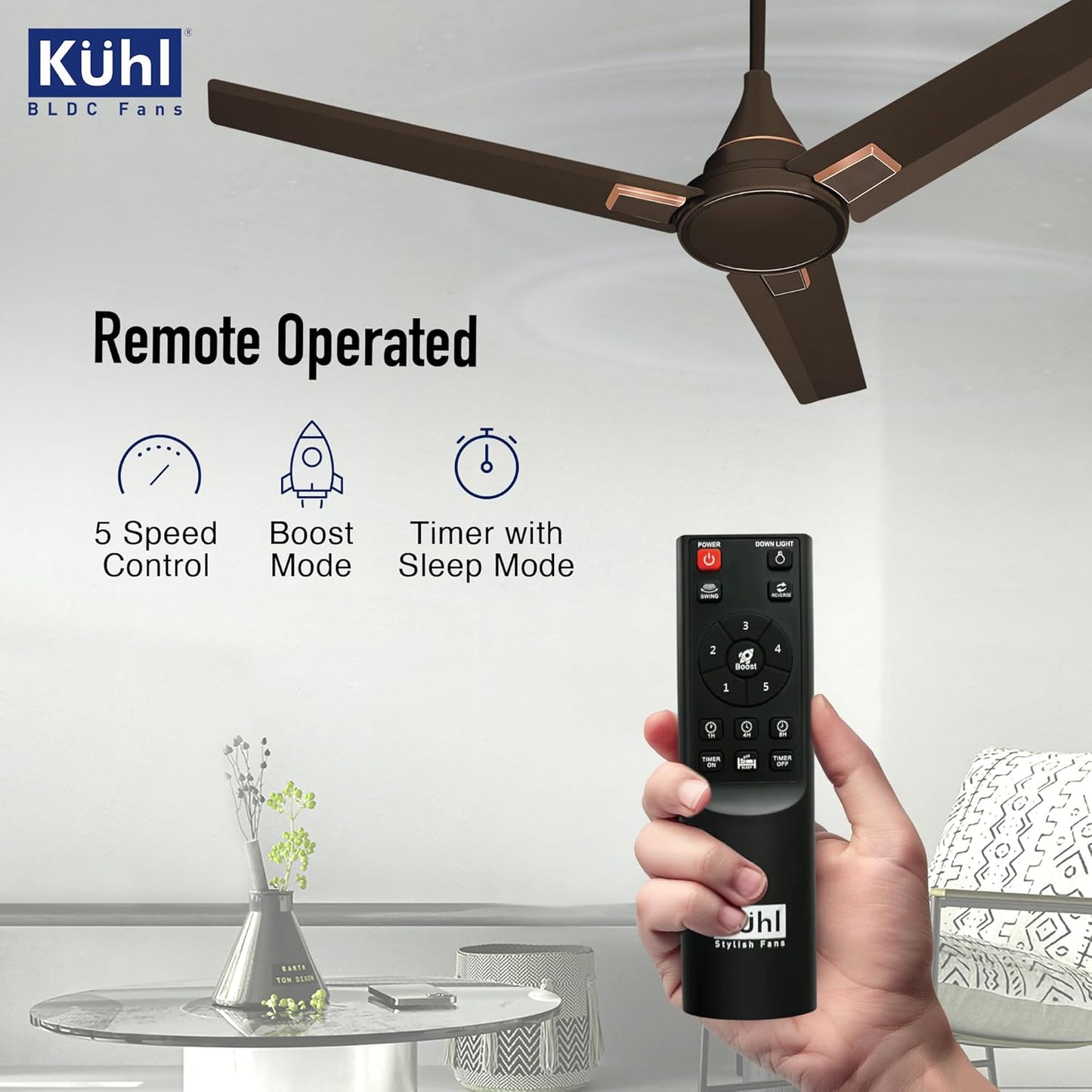 KUHL Prima A5 1200mm BLDC Ceiling Fan with Remote | 5-Star Rated | High Airflow | Saves up to 65% Electricity | 5-Year Warranty | Espresso