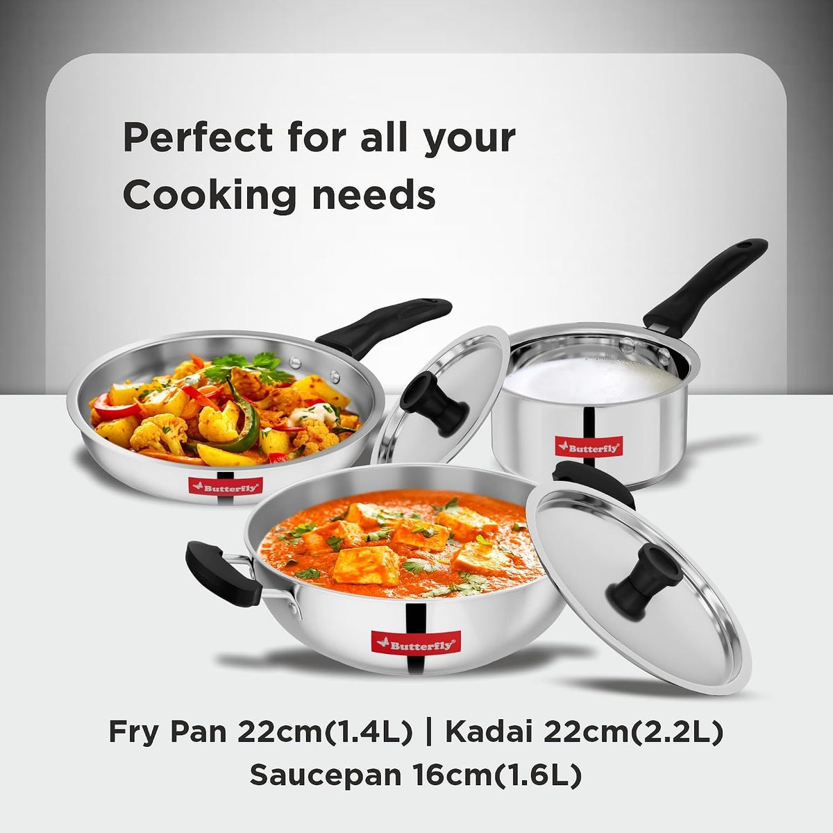 Butterfly Classic Stainless Steel Cookware 5 Pcs Set|Fry Pan 22Cm(1.4L)|Kadai 22Cm(2.2L)|Saucepan 16Cm(1.6L) with Steel Lids|Induction Base,Triply Bottom|Even,Fast Cooking with Less Oil,Silver