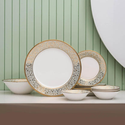 Clay Craft Fine Ceramic Ebony Dinner Set, Enchanting Gold, for Family of 4, Dinner Set Ceramic, Crockery Set, Dining Set for Dinner, Crockery Set for Gift, Kitchen Set (13 Pieces, E647)