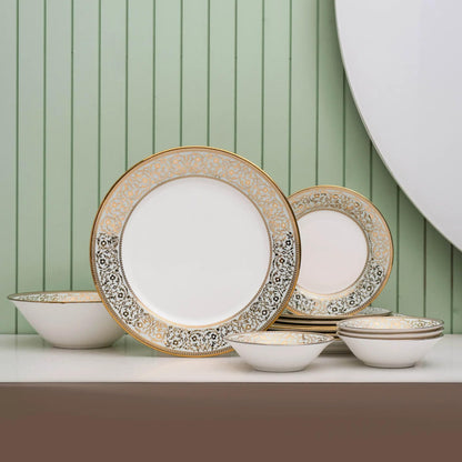 Clay Craft Fine Ceramic Georgian Ebony Floral Dinner Set (Set of 16) (E647), Enchanting Gold, for Family of 4, Dinner Set Ceramic, Dining Set for Dinner, Crockery Set for Gift, Kitchen Set for Home