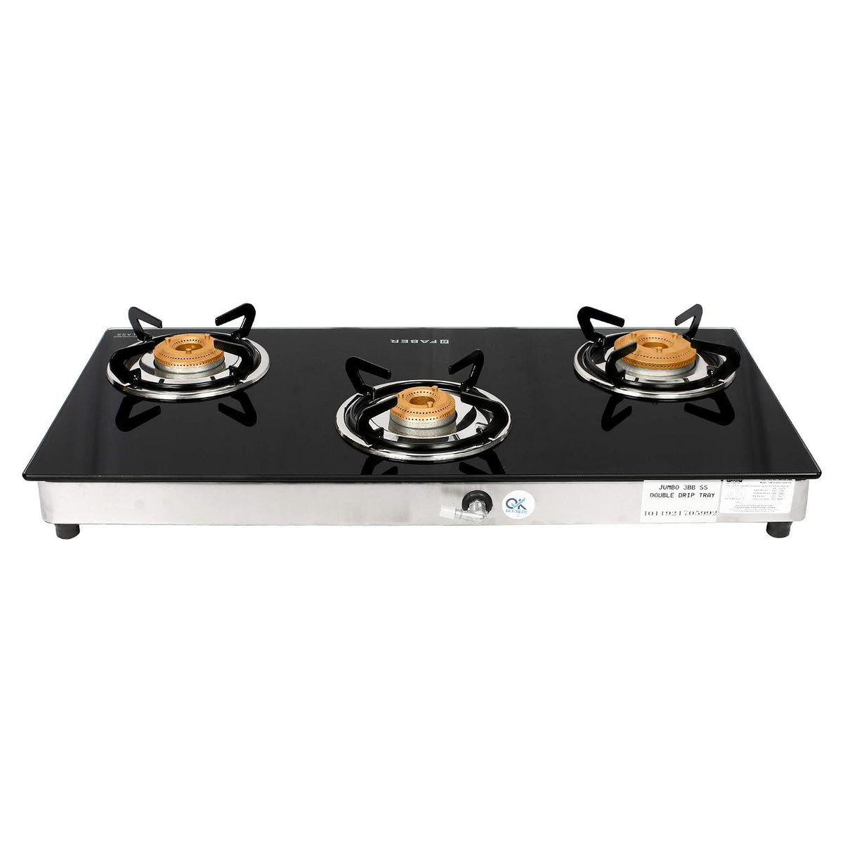 Faber Jumbo SS 3 Brass Burner Cooktop | 1 Jumbo, 1 Medium, 1 Small | Drip Tray | Toughened Glass | SS Finish | Ergonomic