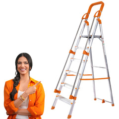 PROHOME Aluminium Ladder for Home 5 Steps Foldable with Railing & Anti-Skid Wide Steps | 5 Step Ladder for Home Use, Kitchen & Household | 250 Kg Capacity Folding Ladder | 5 Year Warranty (Orange)
