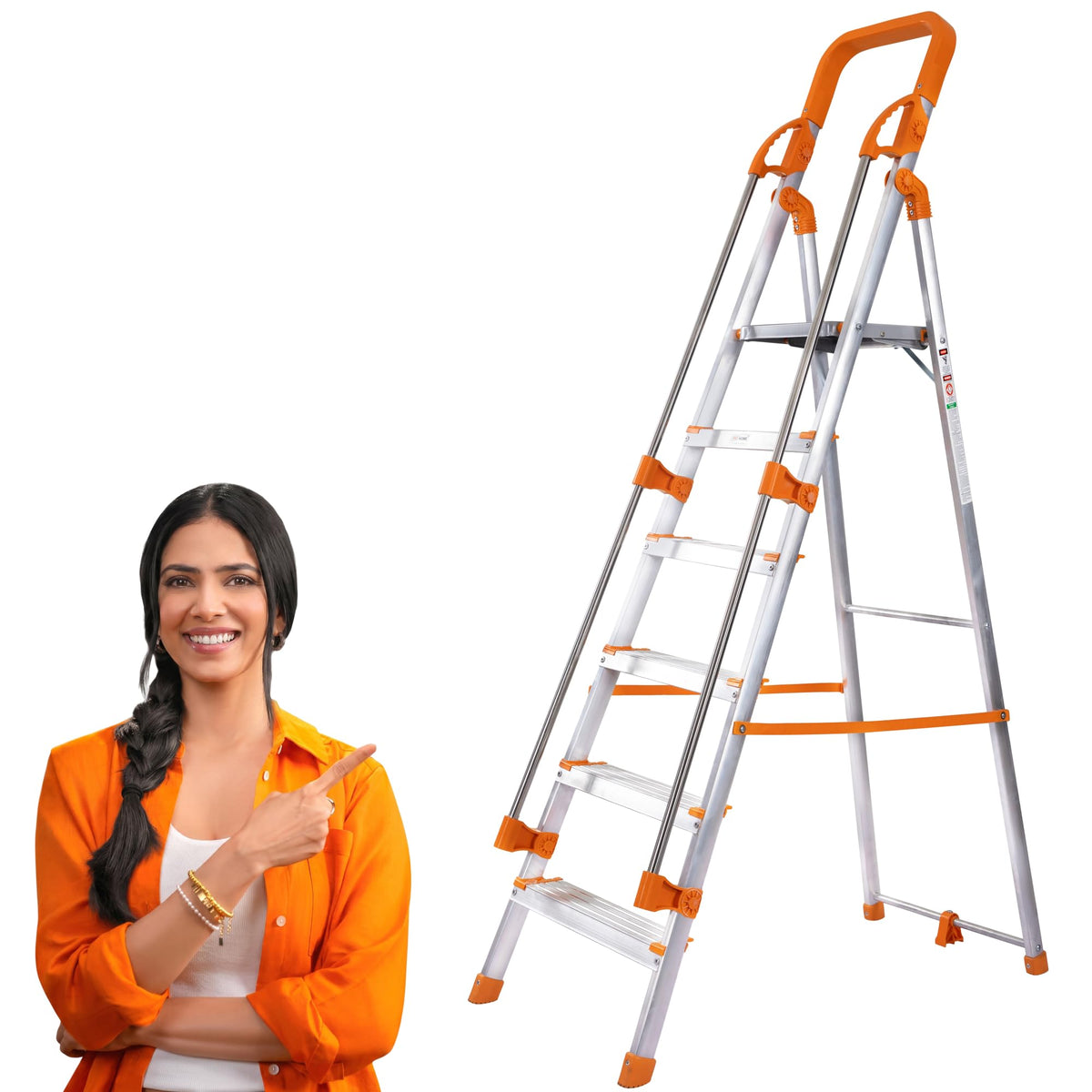 PROHOME Aluminium Ladder for Home 6 Steps Foldable with Tool Tray & Anti-Skid Wide Steps | 6 Step Ladder for Home Use, Kitchen & Household | 250 Kg Capacity Folding Ladder | 5 Year Warranty (Orange)