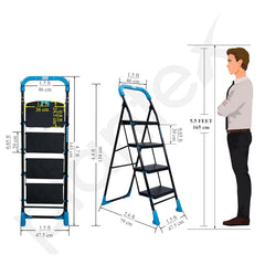 Plantex Stylo Heavy-Duty Mild-Steel Folding 4 Step Ladder for Home with Advanced Locking System/Wide Anti-Skid Step Ladder (Black & Blue)
