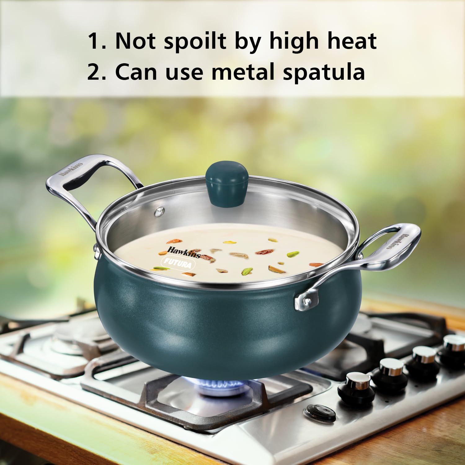 Hawkins Olive Pro 3 Litre Handi, Triply Stainless Steel Pan with Stainless Steel Handles and Glass Lid, Green (POSH30G)