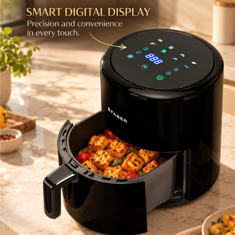 Faber 4L 1500W Digital Air Fryer | Fry, Bake, Roast | 85% Less Oil, 200°C Swirl Heating Technology |8-Preset Menu | Touc
