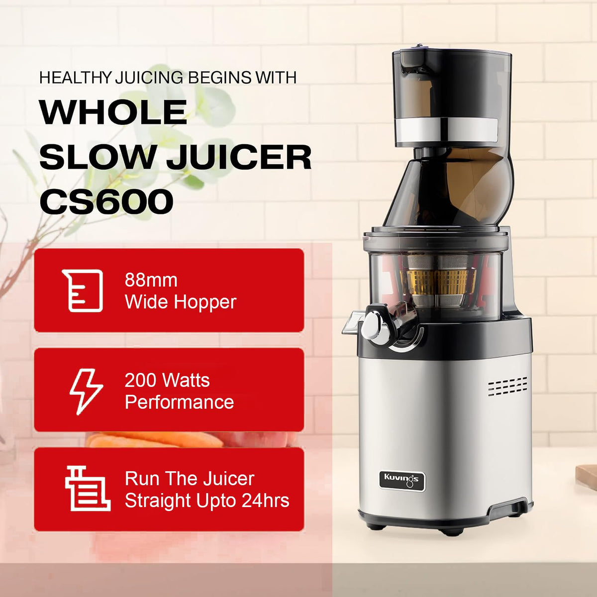 Kuvings CS600 Commercial Cold Press Whole Slow Juicer Chef, All-in-1 Fruit & Vegetable Juicer, World's Only Juicer with Patented Rubber & Silicon-Free Technology, Service Across India, 240W (KCS6000)