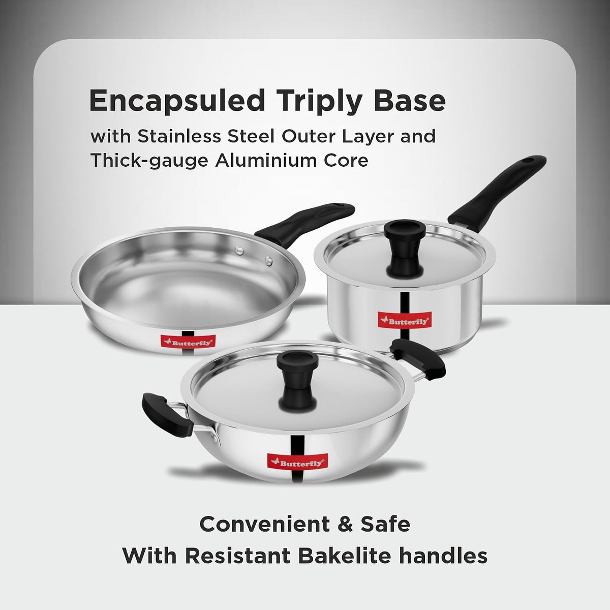 Butterfly Classic Stainless Steel Cookware 5 Pcs Set|Fry Pan 22Cm(1.4L)|Kadai 22Cm(2.2L)|Saucepan 16Cm(1.6L) with Steel Lids|Induction Base,Triply Bottom|Even,Fast Cooking with Less Oil,Silver