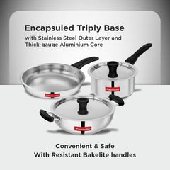 Butterfly Classic Stainless Steel Cookware 5 Pcs Set|Fry Pan 22Cm(1.4L)|Kadai 22Cm(2.2L)|Saucepan 16Cm(1.6L) with Steel Lids|Induction Base,Triply Bottom|Even,Fast Cooking with Less Oil,Silver