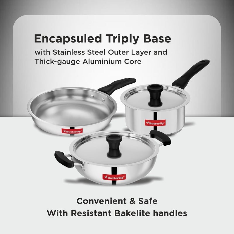 Butterfly Classic Stainless Steel Cookware 5 Pcs Set|Fry Pan 22Cm(1.4L)|Kadai 22Cm(2.2L)|Saucepan 16Cm(1.6L) with Steel Lids|Induction Base,Triply Bottom|Even,Fast Cooking with Less Oil,Silver