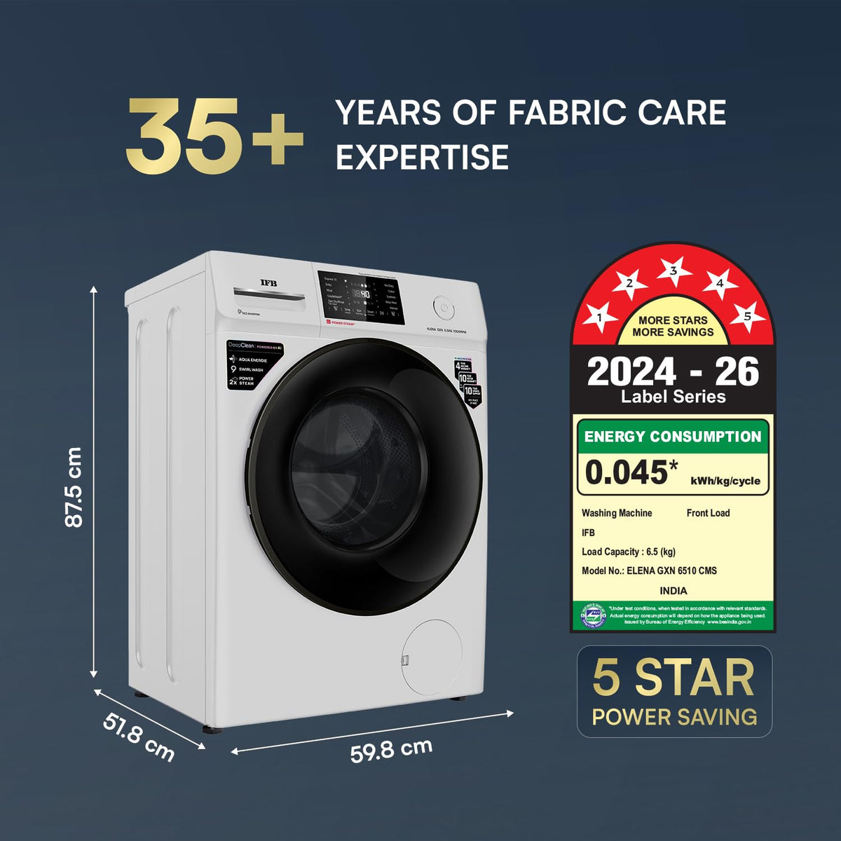 IFB 6.5 Kg 5 Star with 9 Swirl Wash, Steam Refresh, Eco Inverter Motor, DeepClean® Ai Powered Fully Automatic Front Load