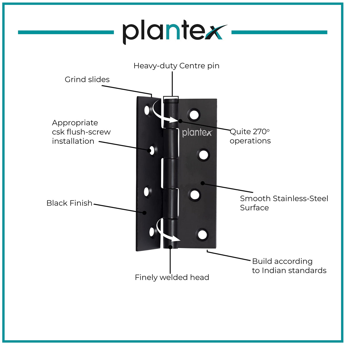 Plantex Door Hinges 4 inch x 14 Gauge/1.8 mm Thickness Home/Office/Hotel/Door Hinges for Main Door/Kabza for Bedroom/Kitchen/Bathroom/Window/Soft Movement Hinge- Pack of 24 (Black)-4