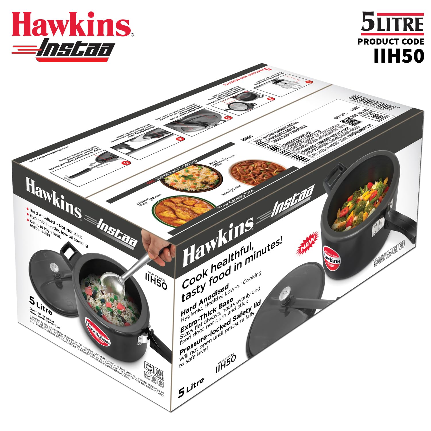 Hawkins 5 Litre Instaa Pressure Cooker, Induction Inner Lid Cooker, Tall Body Hard Anodised Cooker, Black (IIH50)