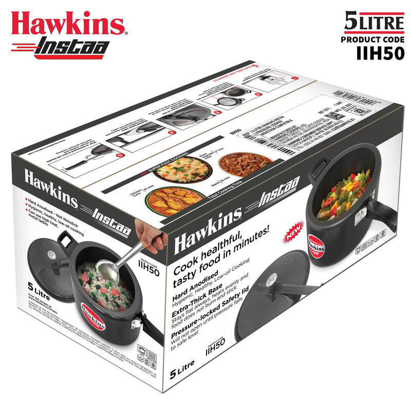Hawkins 5 Litre Instaa Pressure Cooker, Induction Inner Lid Cooker, Tall Body Hard Anodised Cooker, Black (IIH50)