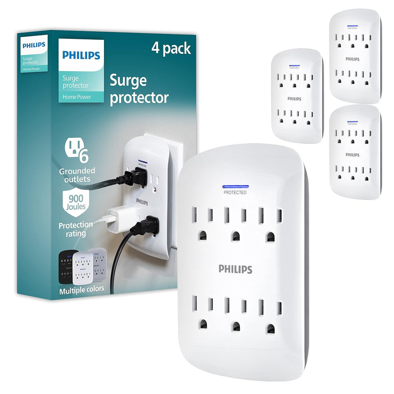 Philips SPP3469WA/37 Set of 4 Taps with Surge Protection, 900 Pretty Space-Saving Design (Pack of 4)