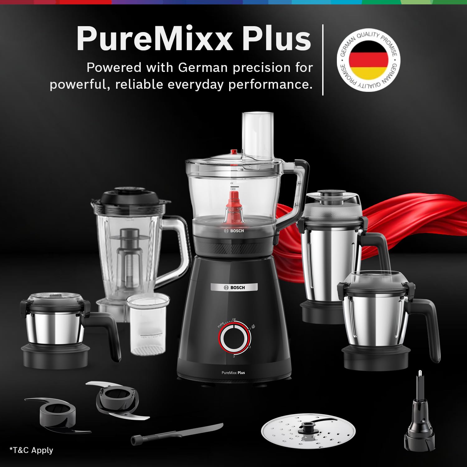 Bosch PureMixx Plus 800W Powerful Mixer Grinder with Food Processor | 5 Jars | 40+ Functions | Atta Kneading, Chopping, Wet & Dry Grinding | Hands Free Operation | 7 Year Motor Warranty 【MP8515A1KI】