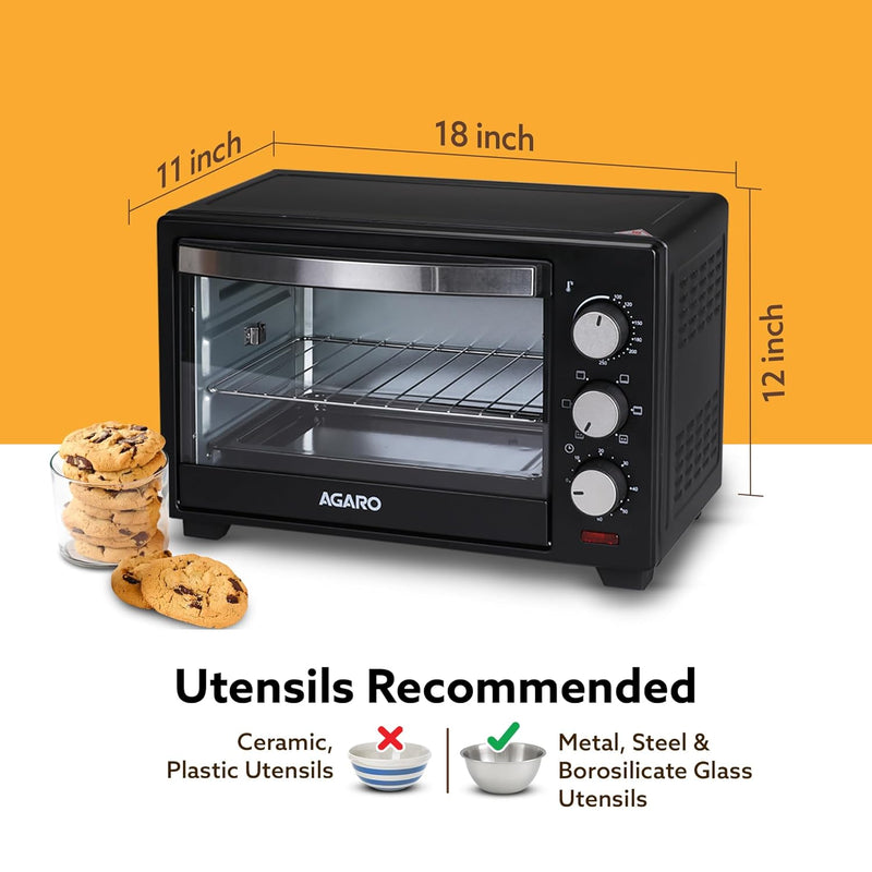 AGARO Marvel Oven Toaster Griller, 25 Litres, Motorised Rotisserie, Adjustable Temperature, 5 Heating Modes & Timer, CakeBaking, Roasting,Grilling,OTG (Black)
