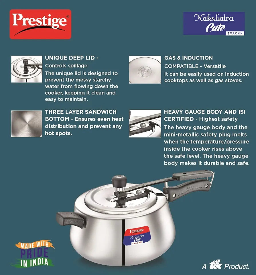 Prestige 5Litre Stainless Steel Nakshatra Cute Svachh Pressure Cooker|Deep Inner lid for spillage control|Induction compatible|3 layers sandwich bottom|Heavy gauge body|5 years warranty|ISI Certified