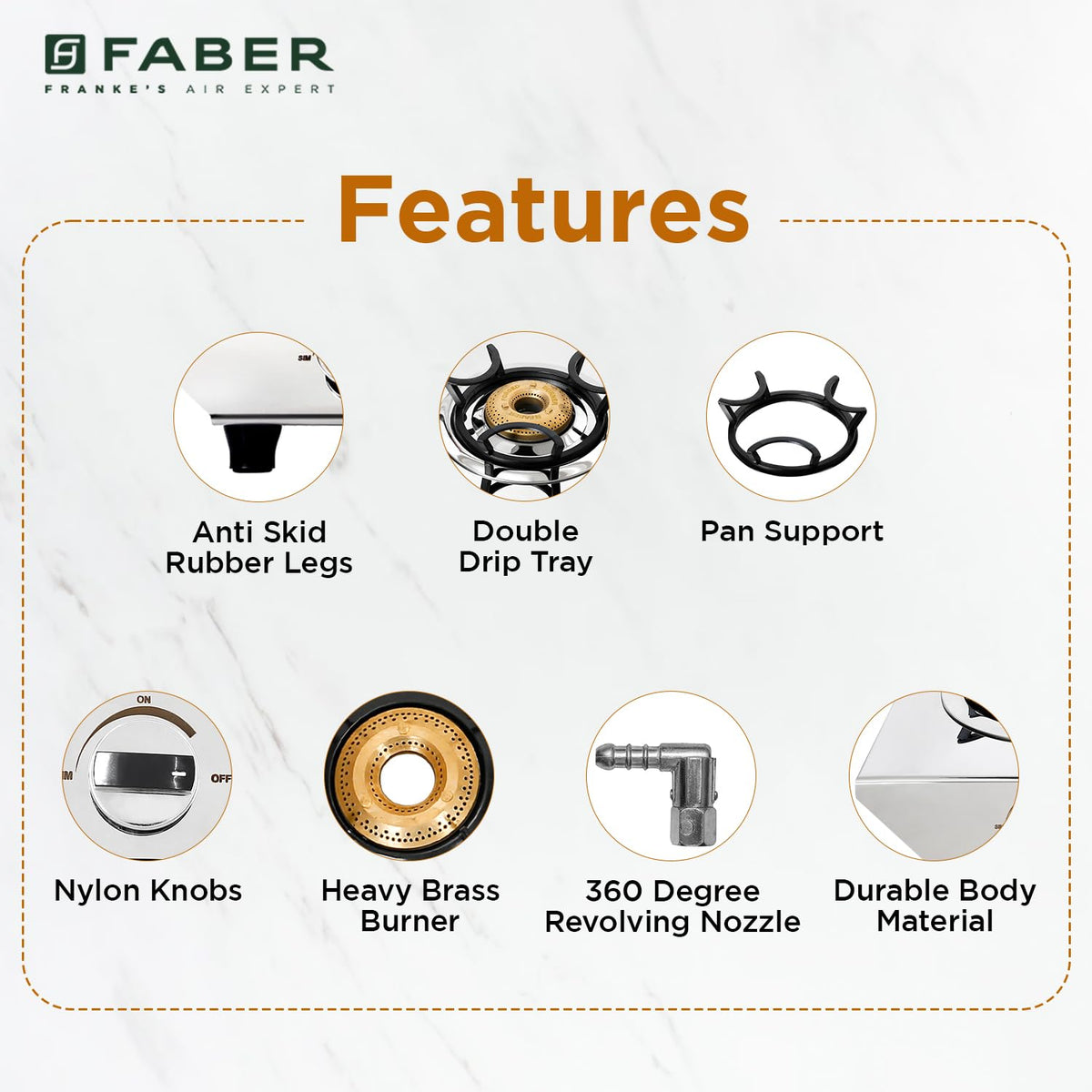 Faber high efficiency 4 Brass Burner with stainless steel top, ISI Certified gas stove, Manual Ignition,For LPG use only