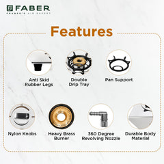 Faber high efficiency 4 Brass Burner with stainless steel top, ISI Certified gas stove, Manual Ignition,For LPG use only