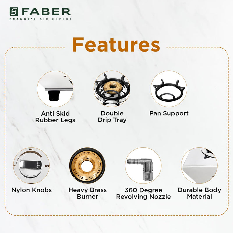 Faber high efficiency 4 Brass Burner with stainless steel top, ISI Certified gas stove, Manual Ignition,For LPG use only