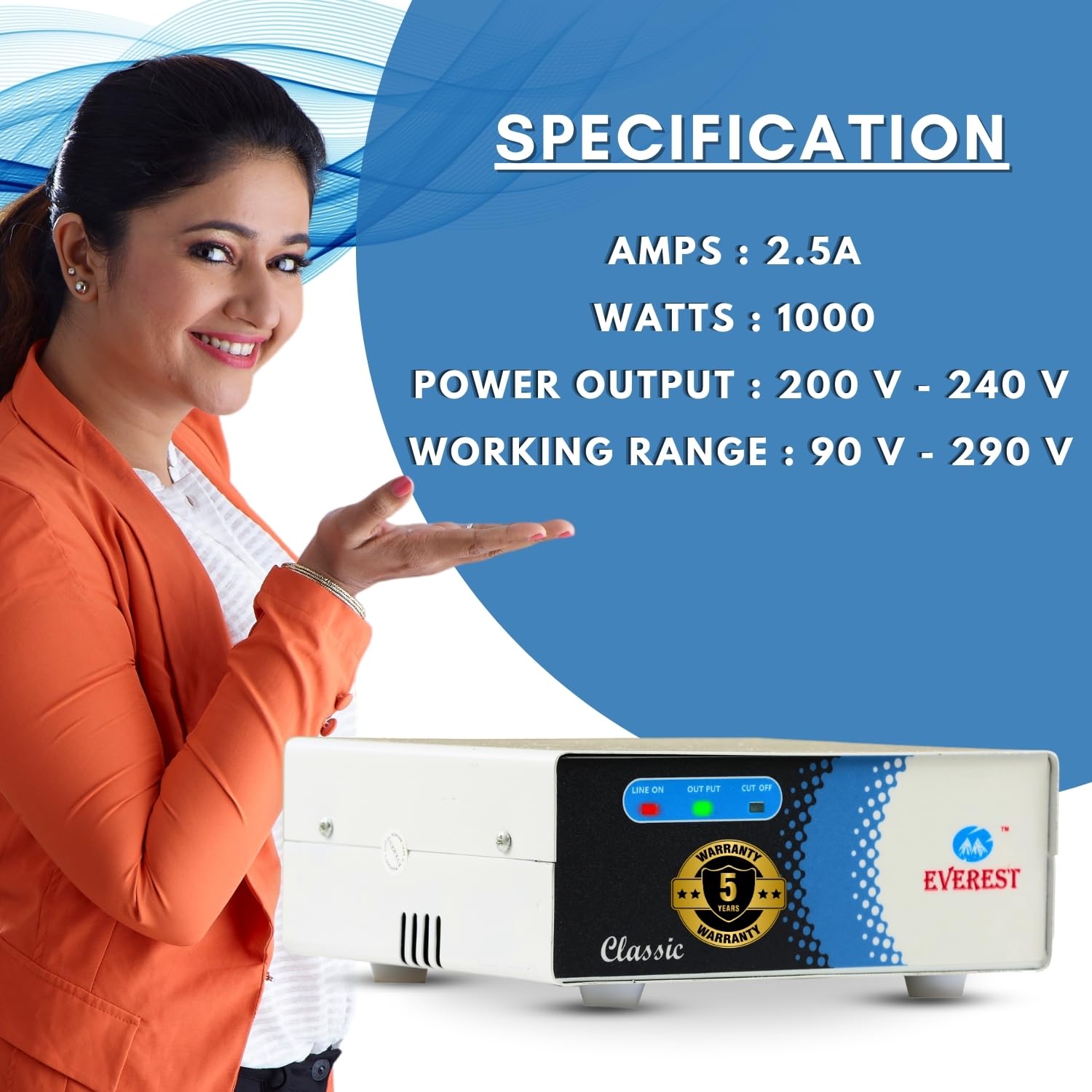 Everest ECC 100-N LED New Model Metal Body Voltage Stabilizer Used up to 72 Inches LED/Smart TV,Home Theater, Set Top Box, Blu-Ray Player (Working Range : 90 V to 290 V),White