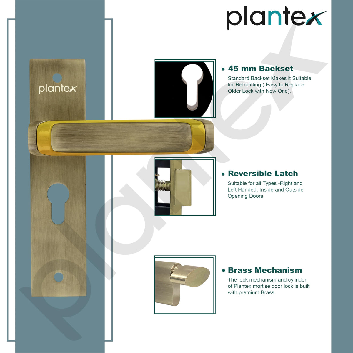 Plantex Heavy-Duty Door Lock Set - Main Door Lock Handle Set/Mortise Lock with 3 Keys, Brass Lock Body & Cylinder (8127 - Brass Antique & PVD Gold)-6