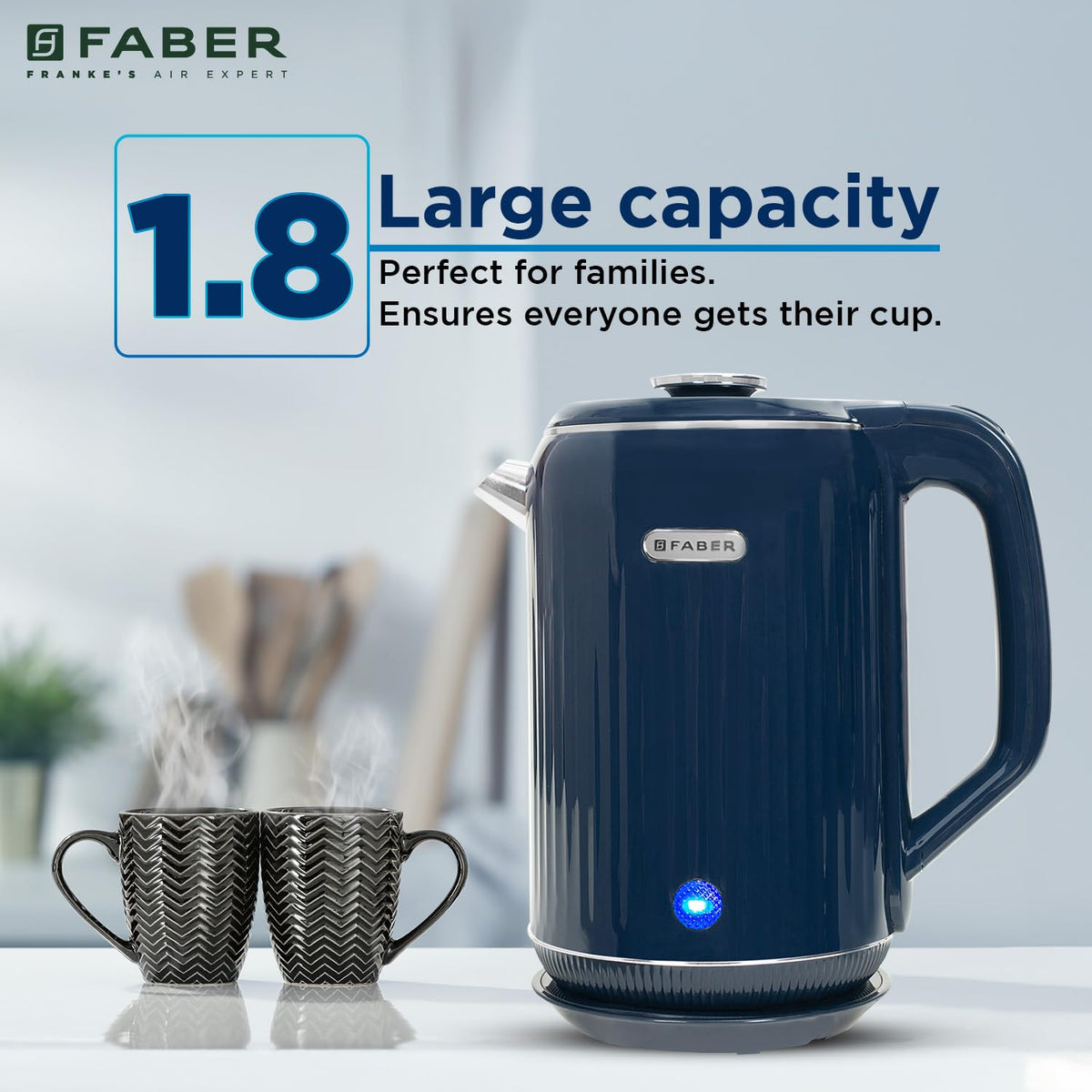 Faber Electric Water Kettle| 1.8L| 1500W| 3X Protection - Auto Off, Dry Boil, Overheating| Double Layered Cool Touch Out