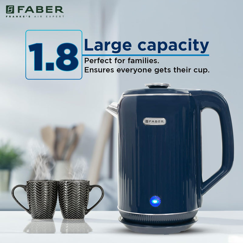 Faber Electric Water Kettle| 1.8L| 1500W| 3X Protection - Auto Off, Dry Boil, Overheating| Double Layered Cool Touch Out