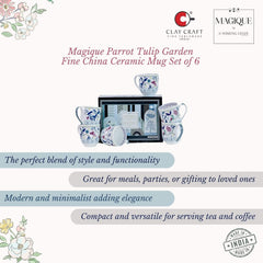 Magique by The Wishing Chair x ClayCraft : Parrot Tulip Garden Coffee Mugs Set of 6 – 250 ml Bone China Tea Cups | Floral Ceramic Mugs | Lightweight Durable Microwave & Dishwasher Safe
